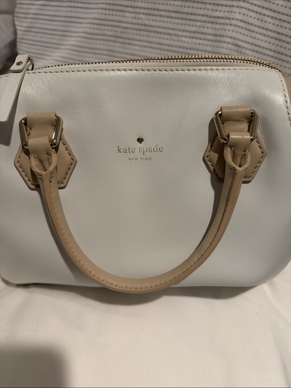 kate spade White Leather Satchel with Tan Handles and Gold Hardware